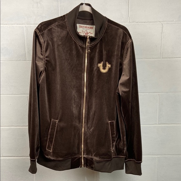 NWT TRUE RELIGION MEN’S BIG T VELVET‎ MOCK NECK ZIP UP JACKET BRACKEN/GOLD - Picture 1 of 7